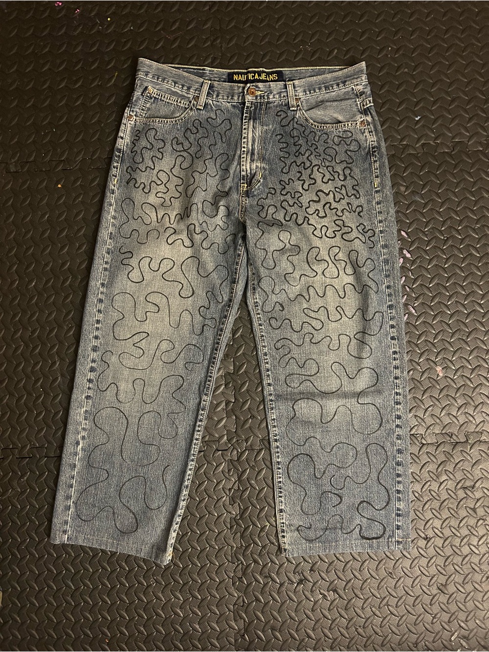 Nautica Men’s Blue Denim Jeans with Black Abstract Stitching